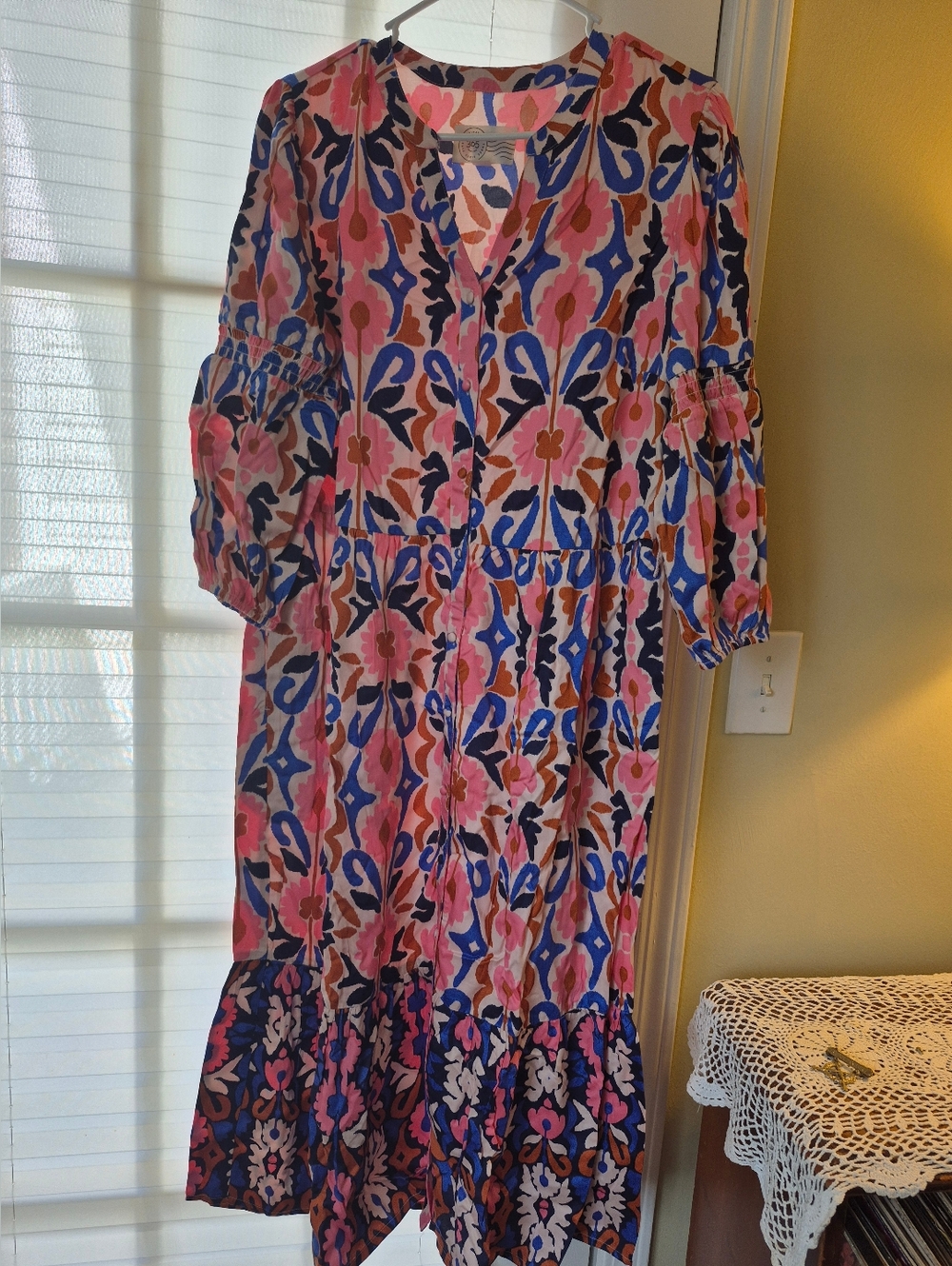 Pink & Blue Floral Tiered Midi Dress with V-Neck